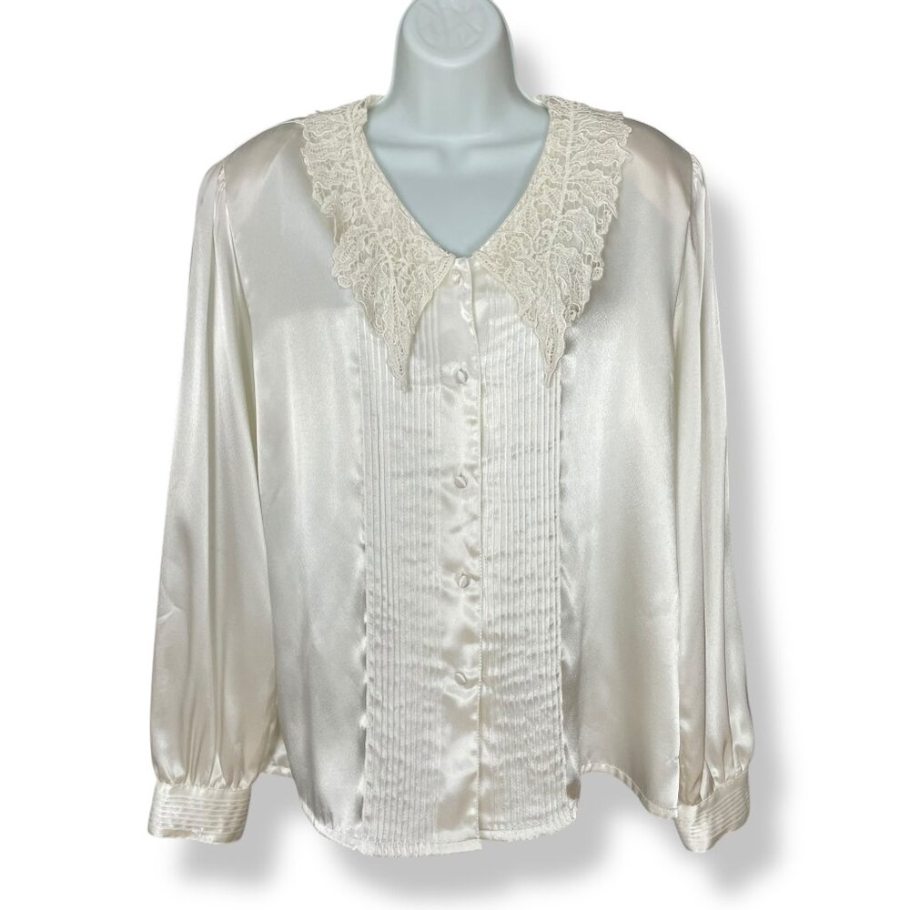 Vintage Blouse Lace Collar‎ Victorian Cream White Long Sleeve Button-Up Coquette